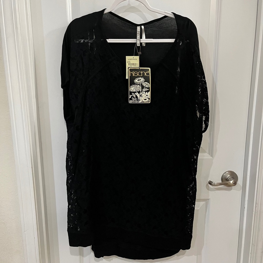 Kische Black Floral Lace Overlay V-Neck Top Short Sleeve Plus Size 3X NWT 16299P